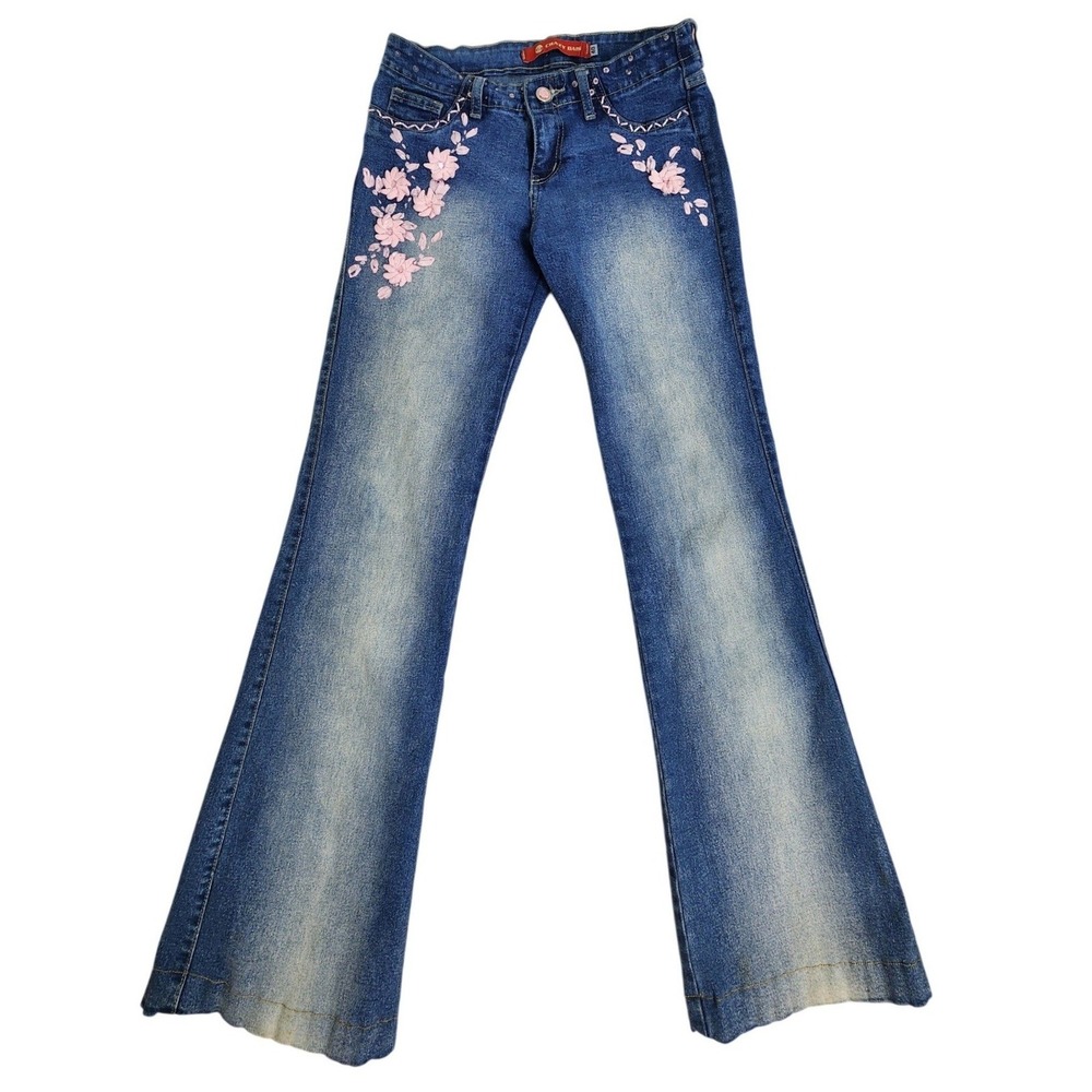 Crazy Dais Floral Embroidered Flare Jeans Medium Wash Rhinestone Y2K Size 40